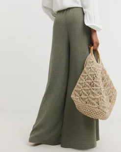 Khaki Textured Wide Leg Palazzo Trousers