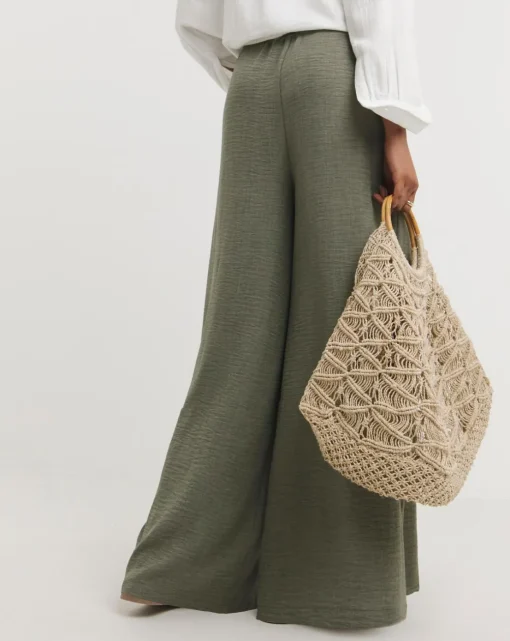Khaki Textured Wide Leg Palazzo Trousers