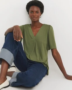 Khaki V Neck Angel Sleeve Top