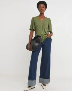 Khaki V Neck Angel Sleeve Top