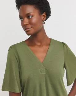 Khaki V Neck Angel Sleeve Top