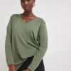 Khaki V-Neck Longline Split Hem Slouch T-Shirt