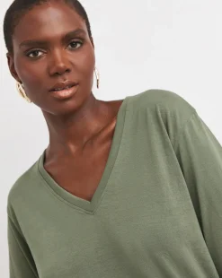 Khaki V-Neck Longline Split Hem Slouch T-Shirt