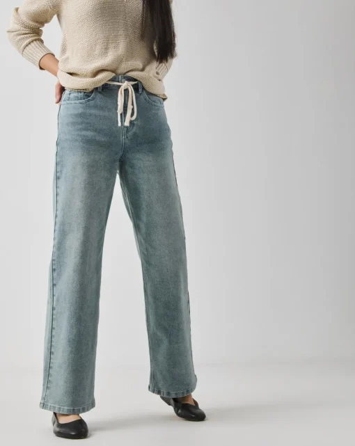 Light Blue Tie Front Wide Leg Jeans