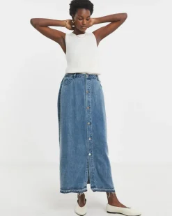 Lyocell Button Front Midi Denim Skirt