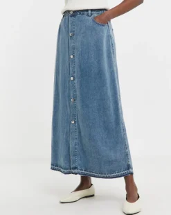Lyocell Button Front Midi Denim Skirt