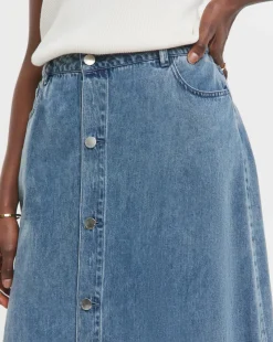 Lyocell Button Front Midi Denim Skirt