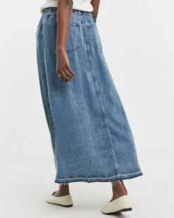 Lyocell Button Front Midi Denim Skirt