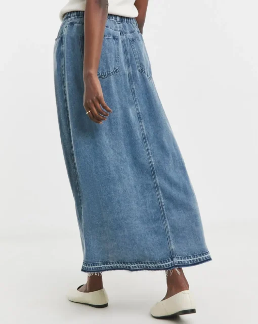 Lyocell Button Front Midi Denim Skirt
