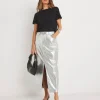 Metallic PU Leather Look Column Maxi Skirt