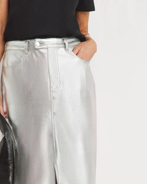 Metallic PU Leather Look Column Maxi Skirt