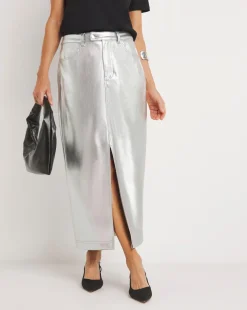Metallic PU Leather Look Column Maxi Skirt