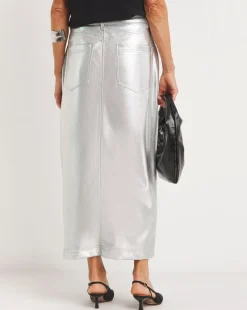 Metallic PU Leather Look Column Maxi Skirt