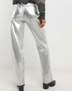 Metallic PU Leather Look Straight Leg Trouser