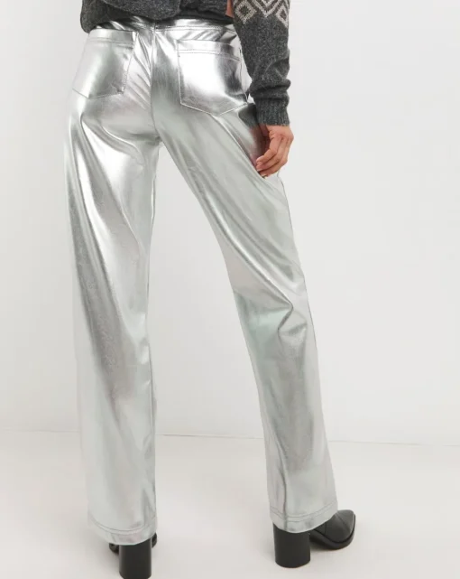 Metallic PU Leather Look Straight Leg Trouser