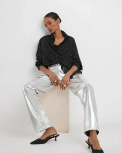 Metallic PU Leather Look Straight Leg Trouser