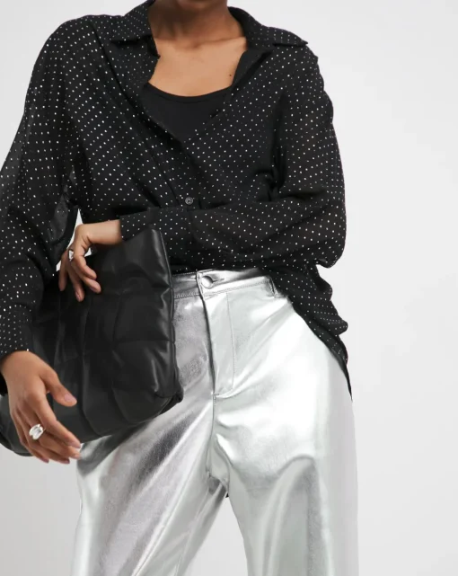Metallic PU Leather Look Straight Leg Trouser