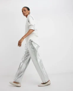 Metallic PU Leather Look Straight Leg Trouser
