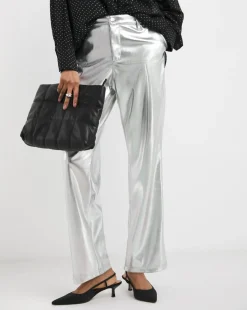 Metallic PU Leather Look Straight Leg Trouser