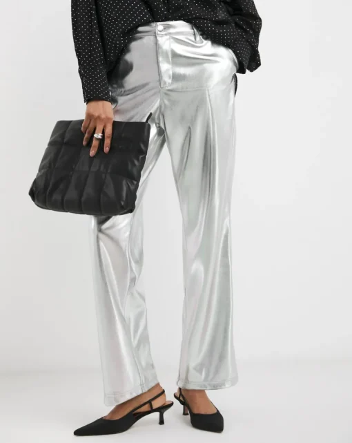Metallic PU Leather Look Straight Leg Trouser