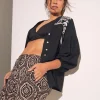Mono Print Crinkle Shirred Waist Wide Leg Trousers