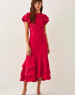 Monsoon Ester Satin Ruffle Midi Dress