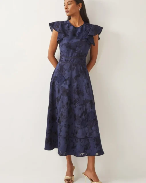 Monsoon Josie Flutter Sleeve Floral Jacquard Midi Dress