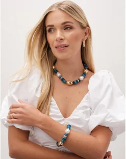 Mood Gold Blue Bead Statement Necklace