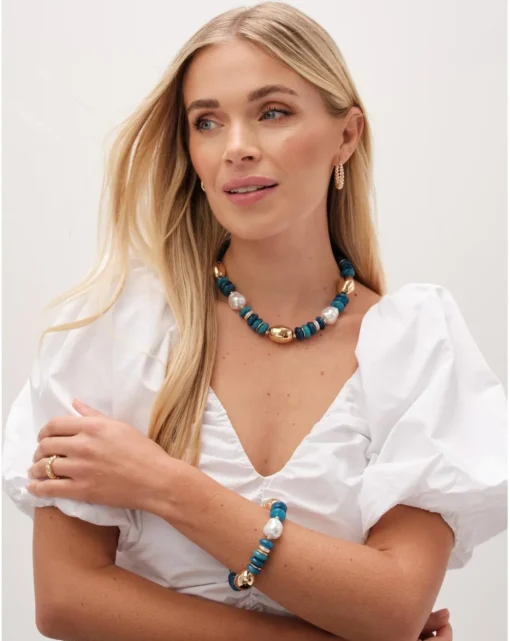 Mood Gold Blue Bead Statement Necklace