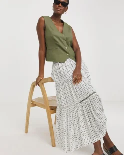 Natural Print Crinkle Midi Skirt