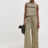 Natural Print Spun Viscose Pull On Wide Leg Trousers