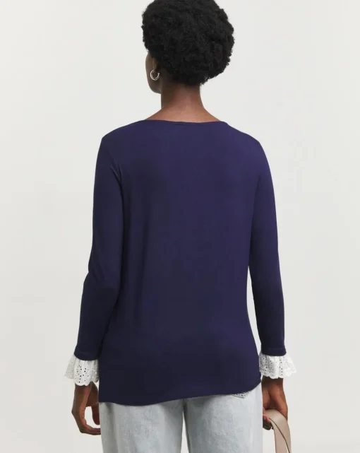Navy Broderie Cuff Detail Long Sleeve Top