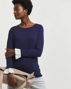 Navy Broderie Cuff Detail Long Sleeve Top