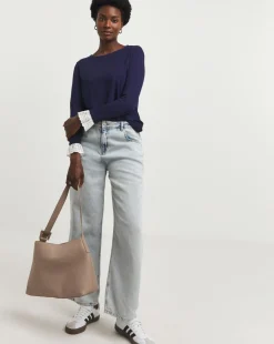 Navy Broderie Cuff Detail Long Sleeve Top