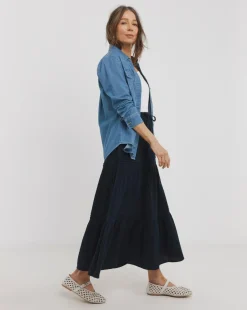 Navy Cheesecloth Tiered Midi Skirt