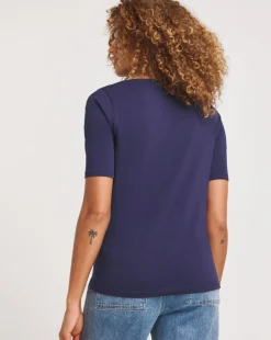 Navy Drape Detail Short Sleeve Top