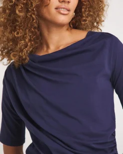 Navy Drape Detail Short Sleeve Top