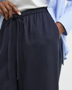 Navy Linen Mix Cropped Wide Leg Culottes