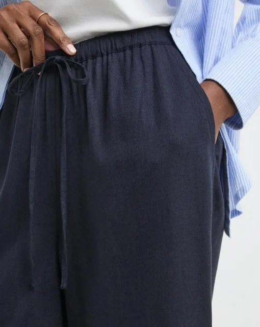 Navy Linen Mix Cropped Wide Leg Culottes