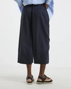 Navy Linen Mix Cropped Wide Leg Culottes