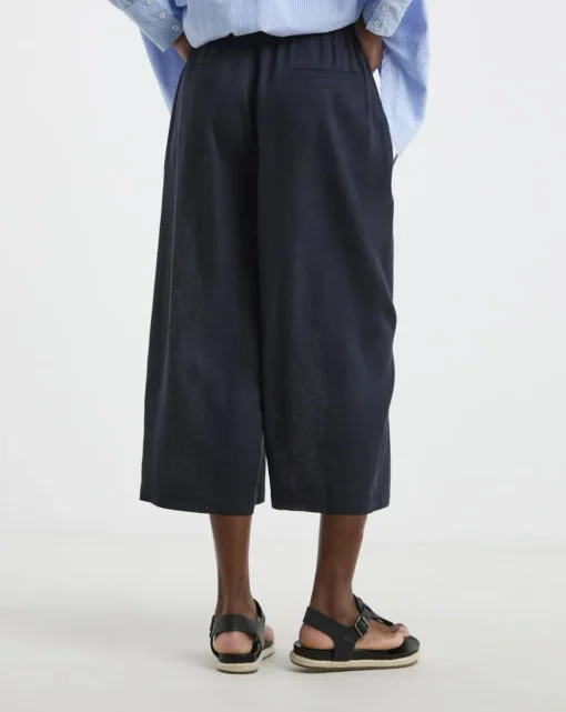 Navy Linen Mix Cropped Wide Leg Culottes