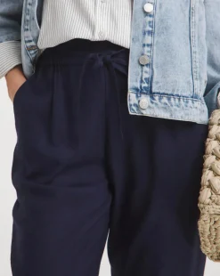 Navy Linen Mix Tapered Trousers