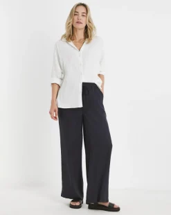 Navy Linen Mix Wide Leg Trouser