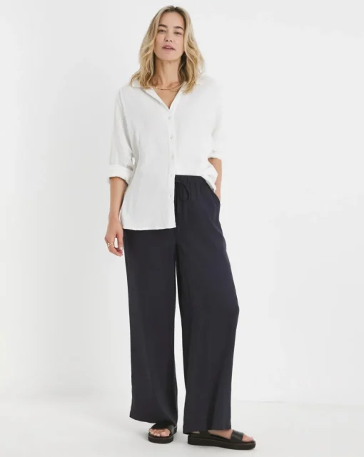 Navy Linen Mix Wide Leg Trouser