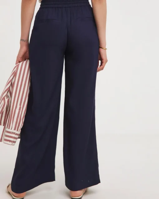 Navy Linen Mix Wide Leg Trousers