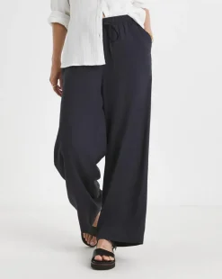 Navy Linen Mix Wide Leg Trouser