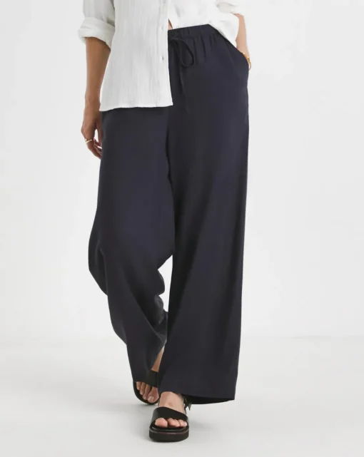 Navy Linen Mix Wide Leg Trouser