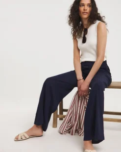 Navy Linen Mix Wide Leg Trousers