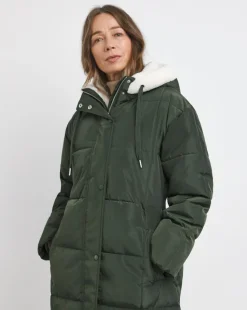Olive Water Resist Padded Maxi Coat