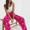 Pink Print Spun Viscose Pull On Wide Leg Trouser